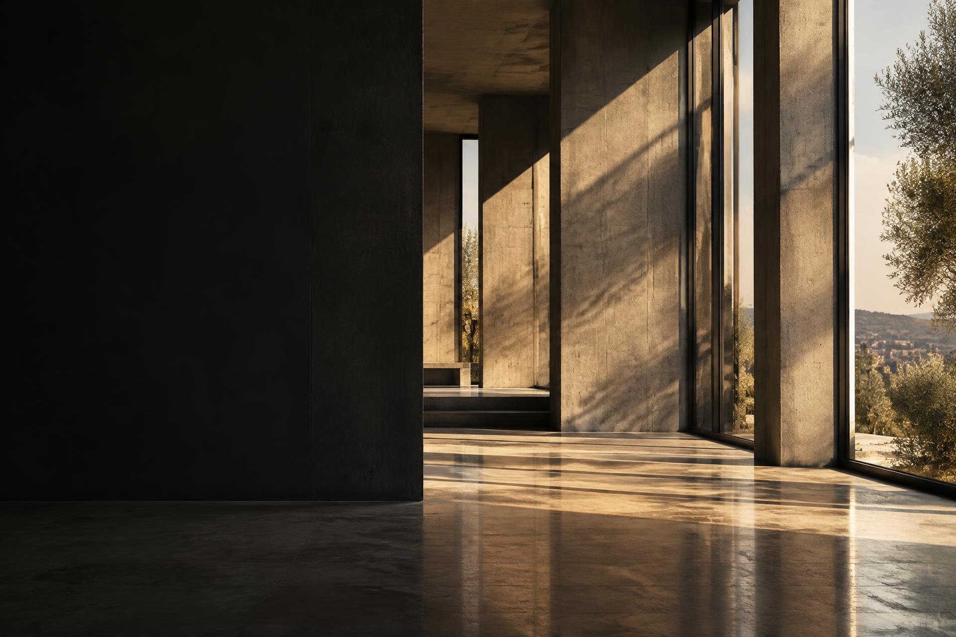 Luz dourada e sombras em uma arquitetura de concreto contemporânea
